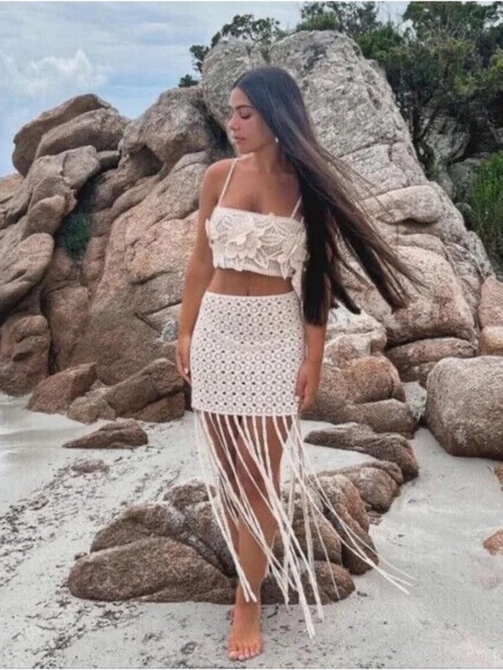 Zara Cream Crochet Fringe Coord set  Maxi Skirt and Cropped Top
